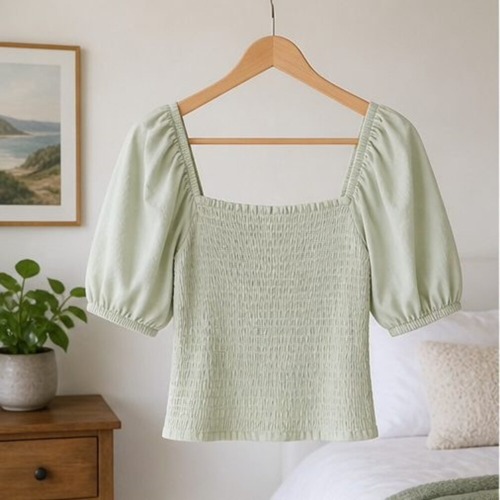 Mint Smocked Puff Sleeve Top